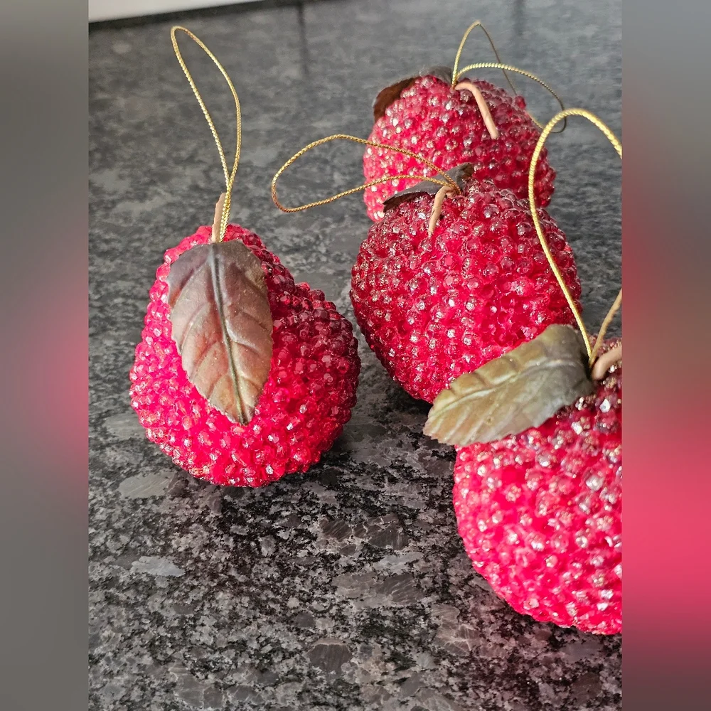 MCM Beaded Red Apple Pear Christmas Ornaments Fruit Glitter Shimmer Vtg 6 Pieces